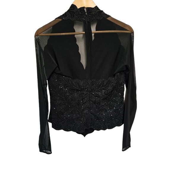 Vintage LILLIE‎ RUBIN Beaded Blouse V Neck Mesh Long Sleeve Corset Top LARGE - Picture 4 of 7